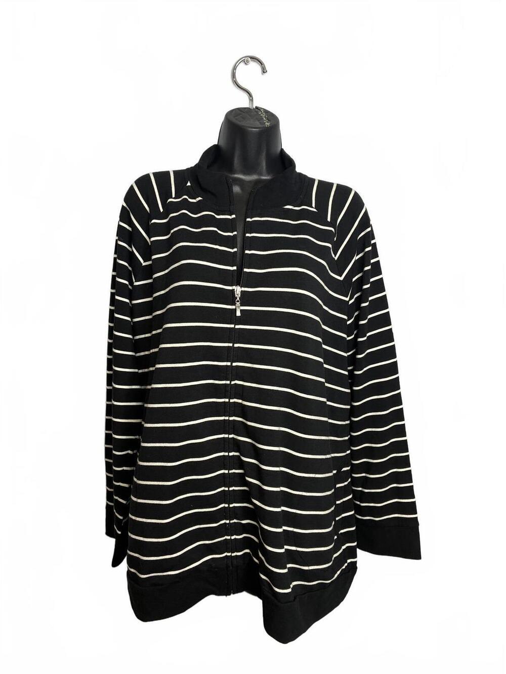 Talbots Woman 2X Mock Neck Black and White Striped Full Zip Sweater
